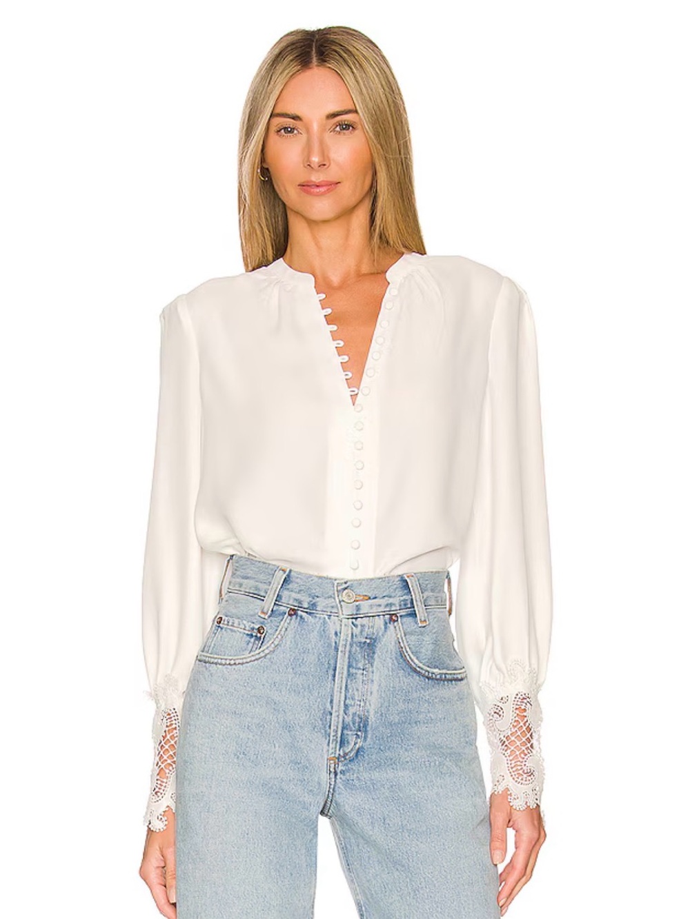 L'AGENCE Ava Lace Cuff White Silk Button-Front Blouse XS